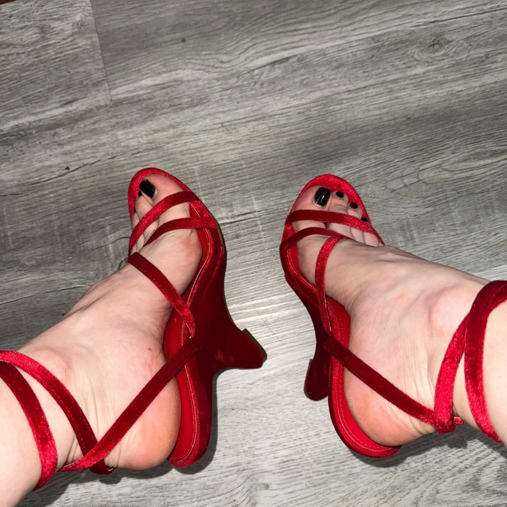 Red Velvet Strappy Wedge Sandals - Women's